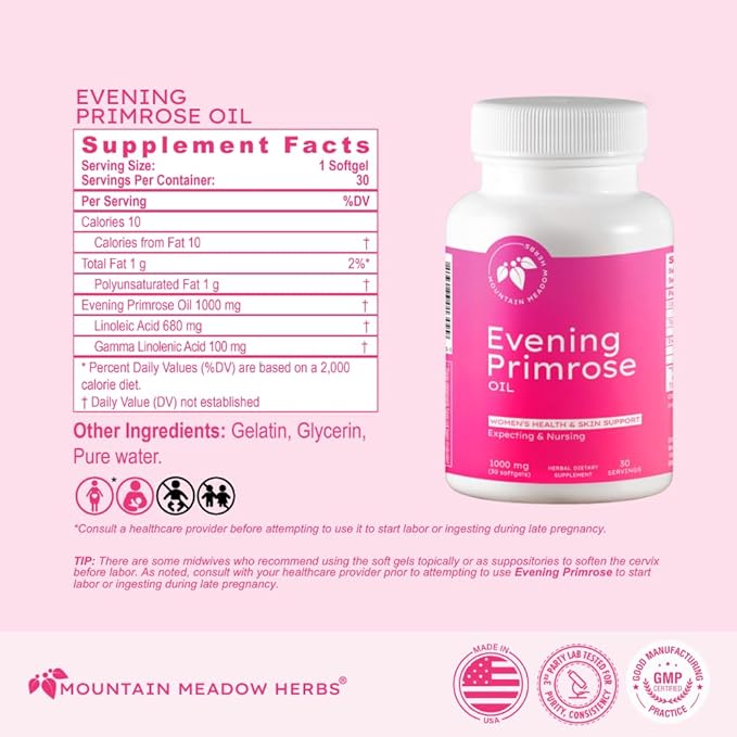 Mountain Meadow Herbs Evening Primrose Oil 1,000mg – Omega-6 Fatty Acids for Women’s Health, Supports Clear Skin & Hormonal Balance, Gluten-Free, Easy-to-Take Softgels (30 Count)