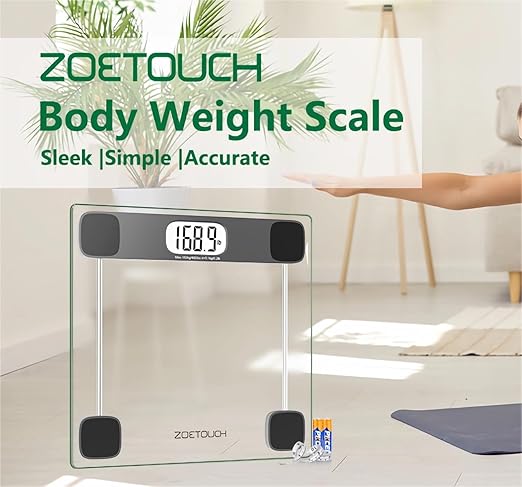 Scale for Body Weight Digital Bathroom Scale Accurate Weighing Machine for People, High Precision Bath Scale, Step On, Tempered Glass LCD Display Batteries and Tape Measure Included, 400lbs