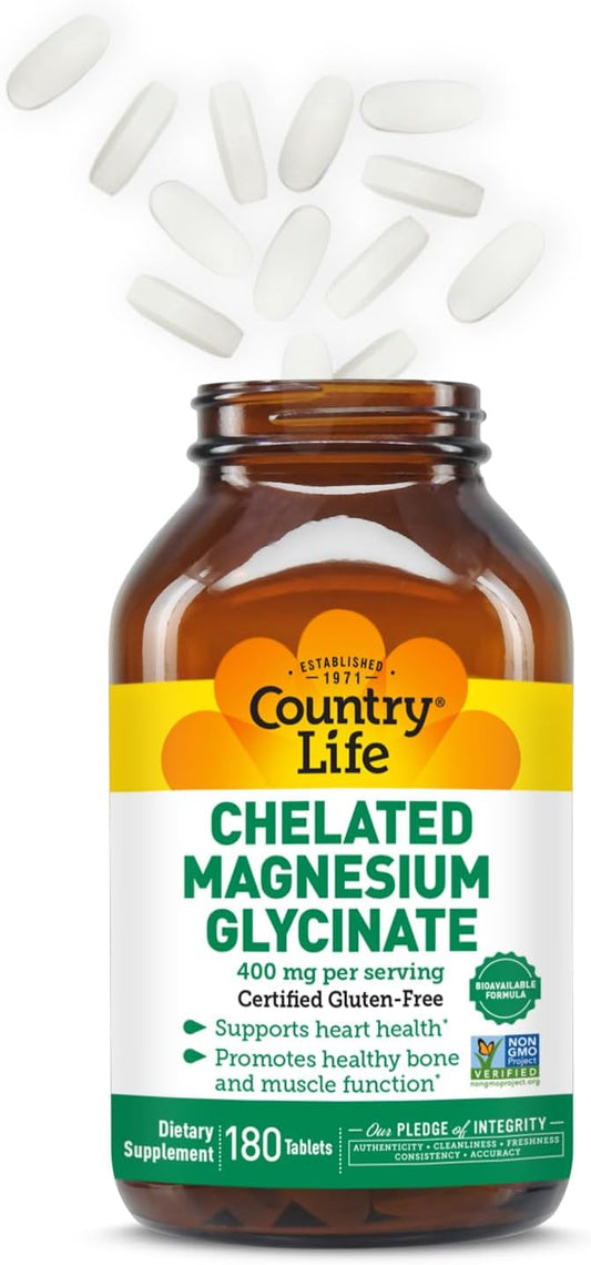 Country Life Chelated Magnesium Glycinate 400mg – High Absorption Magnesium Supplement for Muscle Relaxation, Energy, Bone & Immune Support – Gluten-Free, Vegan, Halal, Non-GMO Verified - 180 Tablets