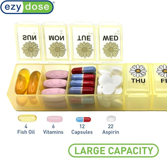 EZY DOSE Weekly (7-Day) Daily Pill Case, Medicine Planner, Vitamin Organizer, Supplement Container, Large Compartments, Yellow Daisy Days Design, Easy-to-Open, Travel-Friendly, BPA Free