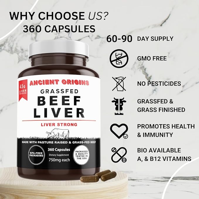 Ancient Origins Grass Fed Beef Liver Two Month Supply, Supports Energy Production, Cleansing, Digestion, Immunity and Full Body Wellness, Non GMO, Freeze Dried Liver Supplement, 360 Capsules