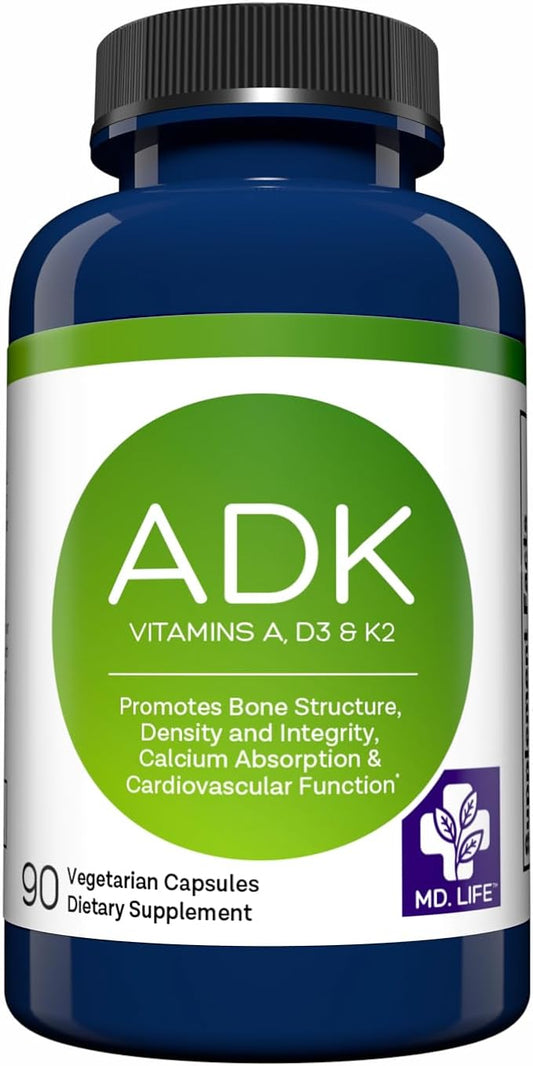 MD Life ADK Vitamin Supplement With Vitamin D3, K2 & A - 90 Capsules - Supports Bone & Heart Health - High Potency ADK Complex