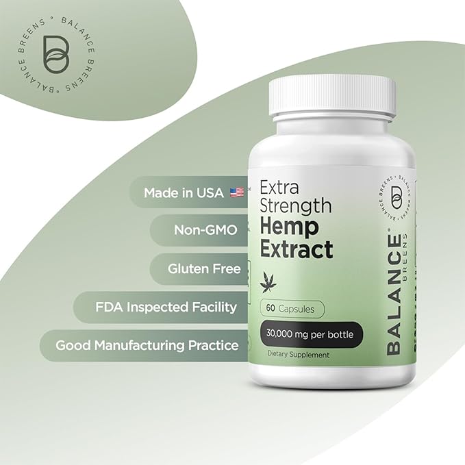 Balance Breens Hemp Extract Capsules 30,000 mg per Bottle - Natural Dietary Supplement Supports Brain Functions, Immune Support - Rich in Omega 3-6-9 Fatty Acids (60 Count (Pack of 1))