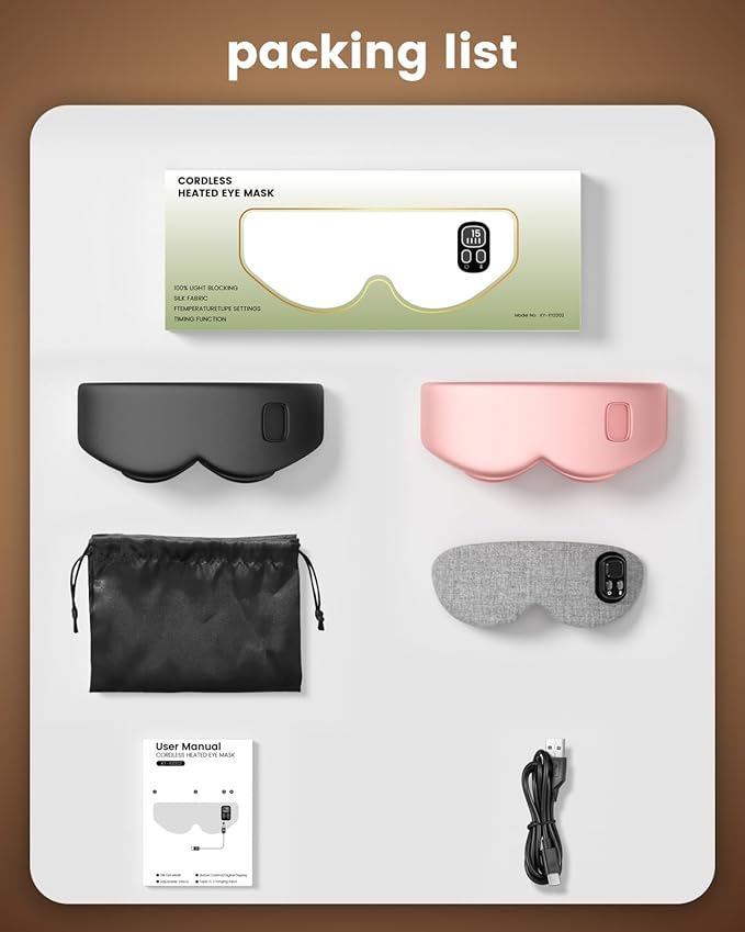 Heated Eye Mask - Cordless Eye Mask for Dry Eyes ｜4 Heating Levels ｜Timer Shutoff Functions｜Washable Dry Eye Relief｜1500mAh｜Sleep & Travel Essential｜Silk Fabric