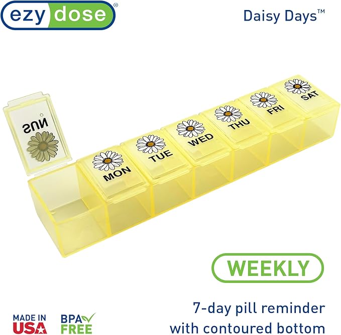 EZY DOSE Weekly (7-Day) Daily Pill Case, Medicine Planner, Vitamin Organizer, Supplement Container, Large Compartments, Yellow Daisy Days Design, Easy-to-Open, Travel-Friendly, BPA Free