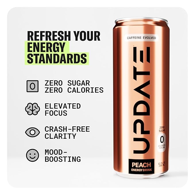 Drink Update Energy Drink with Paraxanthine - Jitter Free, Crash Free, No Overstimulation, No Withdrawal - Caffeine and Sugar Free (Peach, 12 Pack)