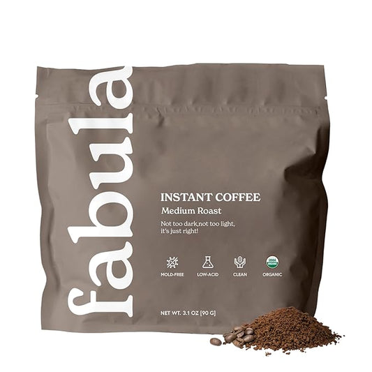 Fabula Organic Instant Coffee, Low Acid, Mold Free - Medium Roast, 90g, Convenient & Delicious