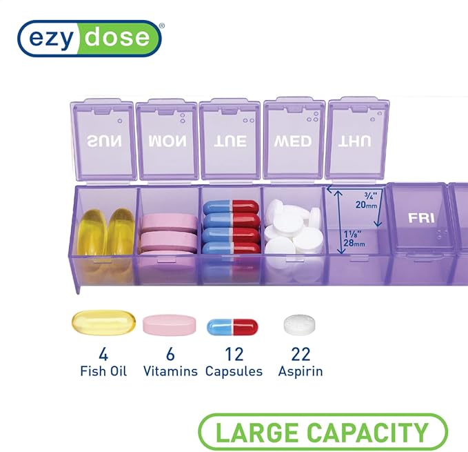 Ezy Dose Weekly (7-Day) Pill Organizer, Vitamin Case, and Medicine Box, Medium Compartments, Color May Vary, Made in the USA