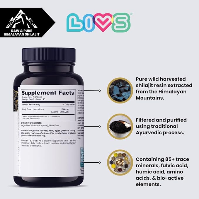 Pure Himalayan Shilajit for Men 1000mg per Serving with 50% Fulvic Acid | Supports Energy, Immune Health & Vitality | Vegan, Gluten-Free, with Probiotics – 180 Capsules