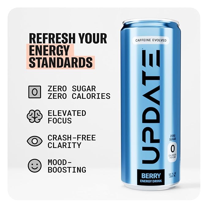 Drink Update Energy Drink with Paraxanthine - Jitter Free, Crash Free, No Overstimulation, No Withdrawal - Caffeine and Sugar Free (Berry, 12 Pack)