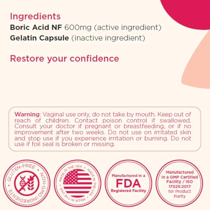 BoriCap - Boric Acid Suppositories for Women - 600 mg - Vaginal Health & Balance, Itch & Odor - Natural Relief - Feminine Care - Feminine Hygiene Products - Made in USA by Heale - 30 Capsules