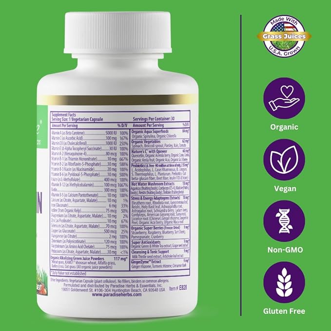 Paradise Herbs Earth's Blend Women's Once Daily Multivitamin with Iron, 48 Organic Superfoods, Probiotics, Antioxidants, Vitamins A, B12, C, D, K2, Daily Superfood, 30 Capsules