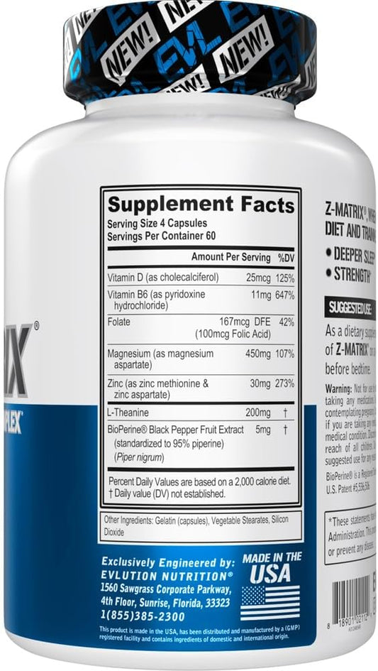 EVL Post Workout Recovery Bodybuilding Supplement - Magnesium and Zinc - ZMatrix Zinc Magnesium Aspartate Muscle Recovery Supplement for Sleep Support and Muscle Health