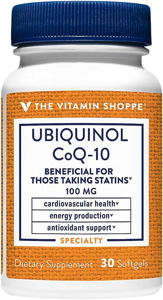 The Vitamin Shoppe Ubiquinol CoQ-10 100mg - Beneficial for Those Taking Statins – Supports Heart & Cellular Health and Healthy Energy Production, Essential Antioxidant – Once Daily (30 Softgels)