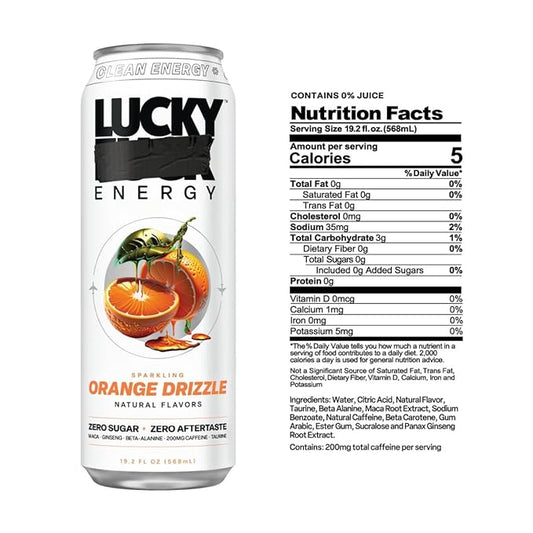 Lucky Energy Sugar Free Energy Drinks 19.2 Fl Oz Cans (Pack of 12) Healthy Energy Drink. Orange Drizzle with Maca, Ginseng, Taurine, Beta-Alanine, 200mg Caffeine (Packaging May Vary)