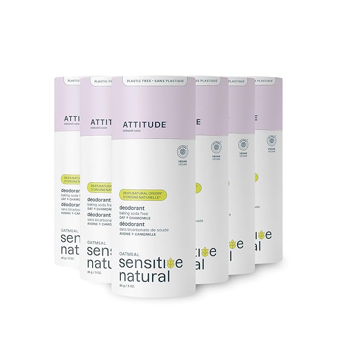 ATTITUDE Baking Soda Free Deodorant for Sensitive Skin with Oatmeal and Chamomile, EWG Verified, Aluminum Free, Plastic-Free, 3 Ounces (Pack of 6)