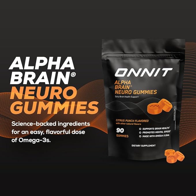 ONNIT Alpha Brain Neuro Focus Gummies - Vegan Gummies with Omega-3s, Lutein, Zeaxanthin & Caffeine - Brain, Eye & Focus Supplement for Men & Women†, Citrus Punch Flavor, 90 Count