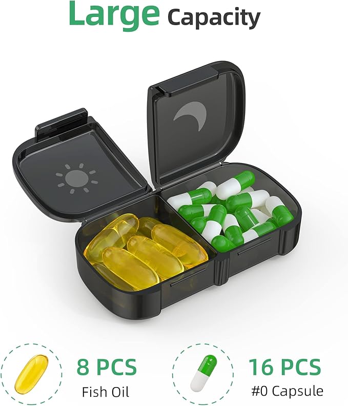 PULIV Extra Large Weekly Pill Organizer 2 Times a Day, One-Side Open Pill Box 7 Day for Easy Filling, Black Privacy Protection AM PM Pill Case for Vitamins, Medication, Supplements, Fish Oils Black