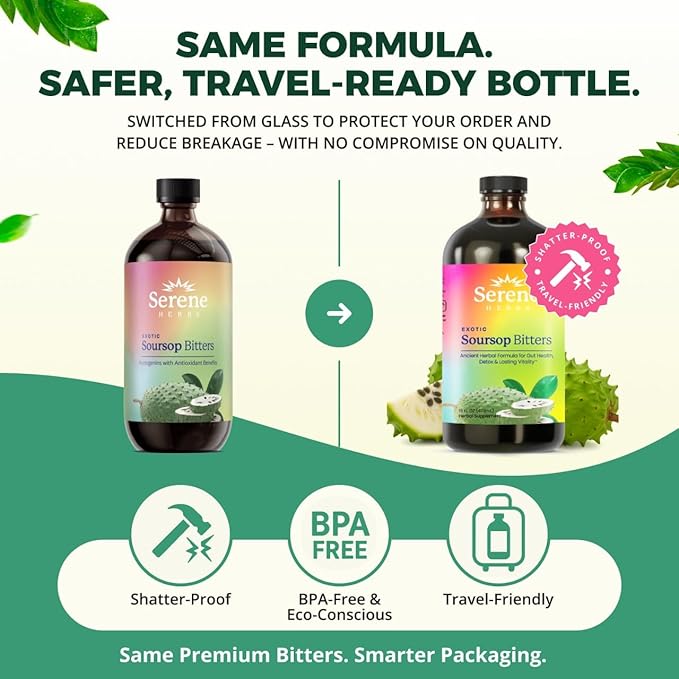 Soursop Bitters Liquid – Organic Herbal Detox with Black Seed, Moringa & Ginger by Serene Herbs – Supports Digestive Wellness & Immune Function – 16 fl oz