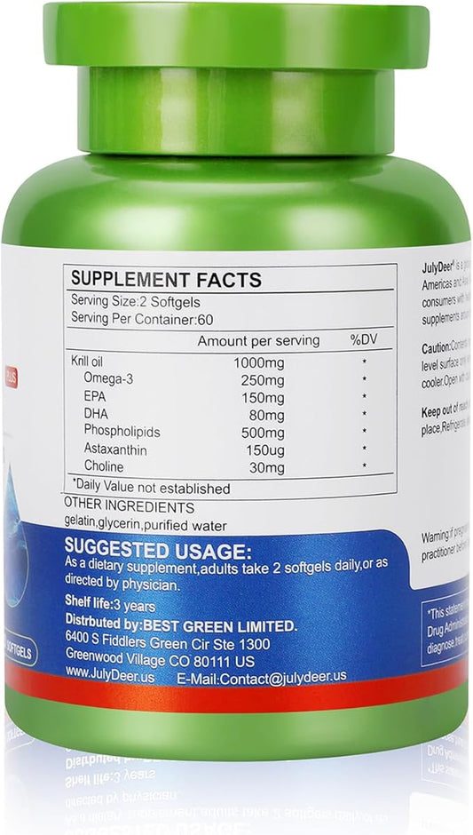 Krill Oil 1000 mg with Omega-3s EPA, DHA, Astaxanthin and Phospholipids 120 Softgels Supplement, Antarctic Krill No Fishy Aftertaste for Joint, Heart, Brain and Immunity