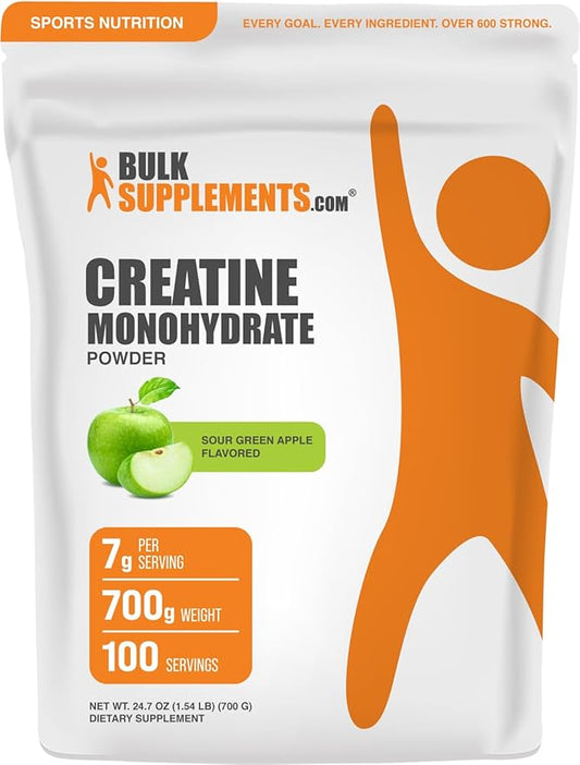 BulkSupplements.com Creatine Monohydrate Powder - Creatine Flavored Powder Supplement, Micronized - Sour Green Apple Flavor, 7g per Serving, 700g (1.5 lbs) (Pack of 1)