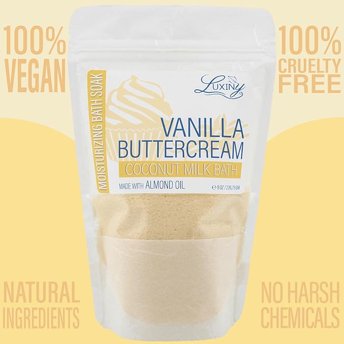 Vegan Milk Bath Soak Made with Moisturizing Coconut Milk Powder & Sweet Almond Oil for a Bath Bomb Dust Soothing Fizz & Relaxing Soak, 8 oz. (Vanilla Buttercream)