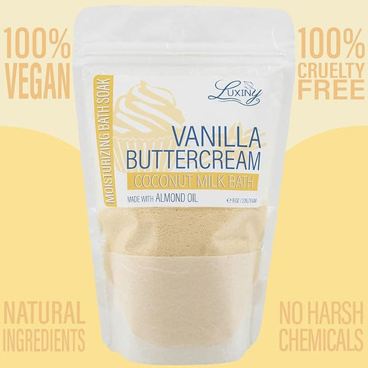 Vegan Milk Bath Soak Made with Moisturizing Coconut Milk Powder & Sweet Almond Oil for a Bath Bomb Dust Soothing Fizz & Relaxing Soak, 8 oz. (Vanilla Buttercream)