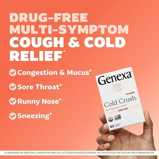 Genexa Cold Crush | Multi-Symptom Cough & Cold Relief for Adults | Delicious Organic Acai Berry Flavor | Certified Organic & Non-GMO | Homeopathic Remedy Made Clean | 180 Chewable Tablets (3 Pack)