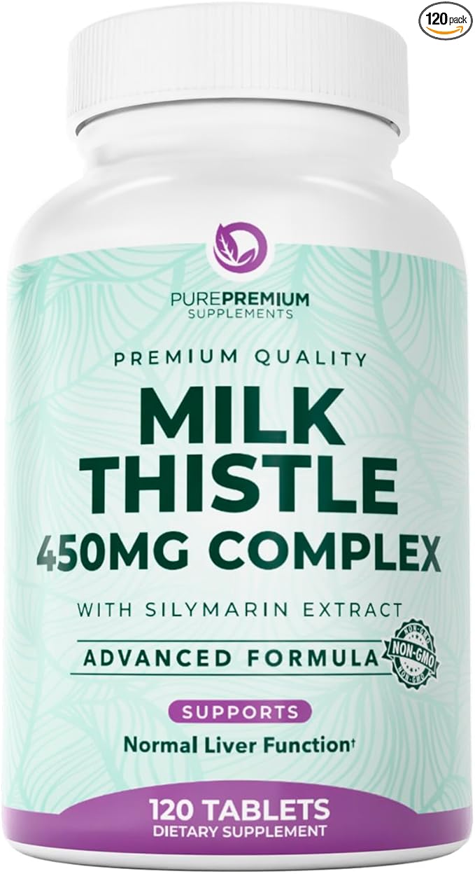 PurePremium Milk Thistle Supplement, 120 Tablets, 80% Silymarin Standardized Extract - High Potency Pure 450mg Complex – Supports Normal Liver Function & Overall Health – Non-GMO, Gluten-Free