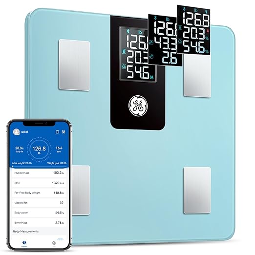 GE Smart Scale for Body Weight: Digital Bathroom Scale with BMI Fat Muscle Mass Bluetooth Body Composition Monitor Large LCD Display Weighing 396lbs Blue