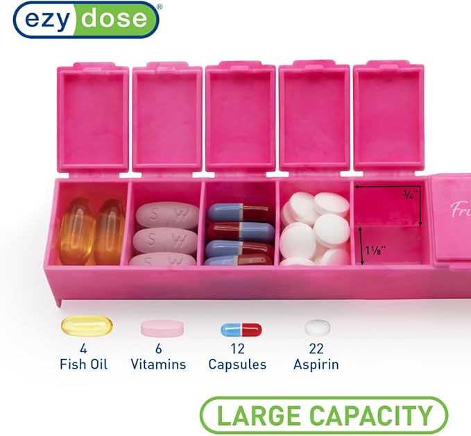 EZY DOSE Weekly (7-Day) Daily Pill Case, Medicine Planner, Vitamin Organizer, Supplement Container, Convenient and Easy to Use, Large Compartments, Pink, Travel-Friendly, Made in The USA, BPA Free