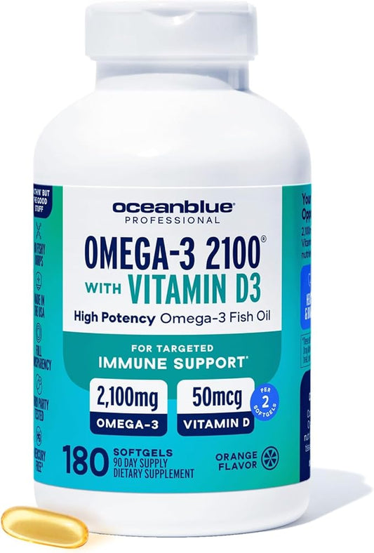 Oceanblue Professional Fish Oil with Vitamin D3 | Triple Strength 2100mg Omega 3 DPA EPA DHA | Wild Caught | Burpless Orange Flavor, 90 Servings (180 Count)