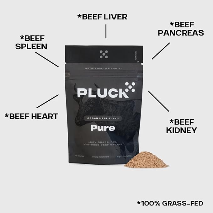 Pluck Pure | Beef Organ Supplement Powder | From 100% Grass Fed & Grass Finished Pastured Beef Liver, Kidney, Spleen, Heart, & Pancreas | 40 Servings