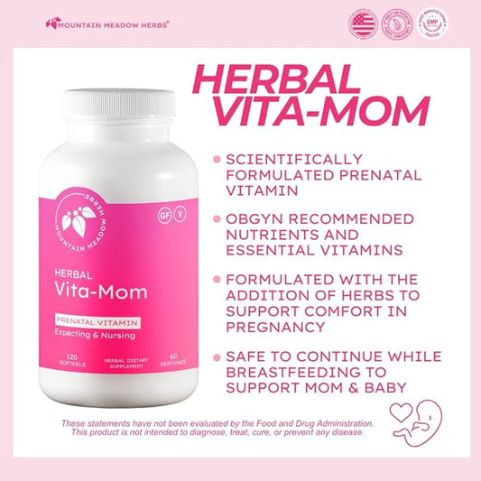 Mountain Meadow Herbs Vita-MOM Prenatal Vitamins – Herbal Supplement for Women with Folic Acid, Iron, Multivitamins & Organic Herbs – 120 Softgels (2-Month Supply)