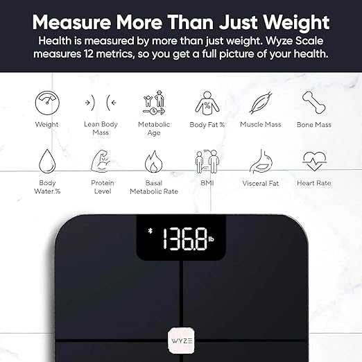 Wyze Smart Scale, Scale for Body Weight, Digital Bathroom Scale for Body Fat, BMI, and Heart Rate, Body Composition Analyzer with App, Batteries Included, Bluetooth, 400 lb, Black