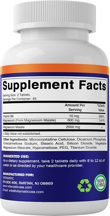 Vitamatic Magnesium Malate 2000mg per Serving - 90 Vegetarian Tablets - Added B6 for Maximum Absorption - Supports Muscle, Joint, and Heart Health* (1 Bottle, Unflavored)
