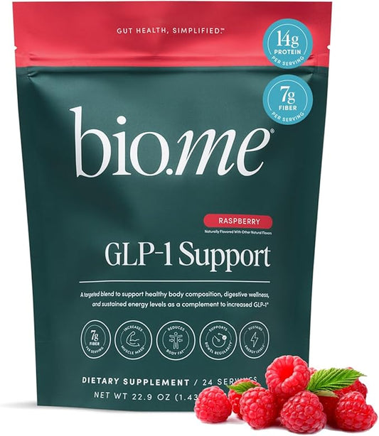 GLP-1 Support – Multi-Benefit GLP-1 Powder for Weight Management & Digestive Health – Sustain Energy Levels - Fiber, Collagen Peptides, B Vitamins, & Digestive Enzymes – 24 Servings (Raspberry)