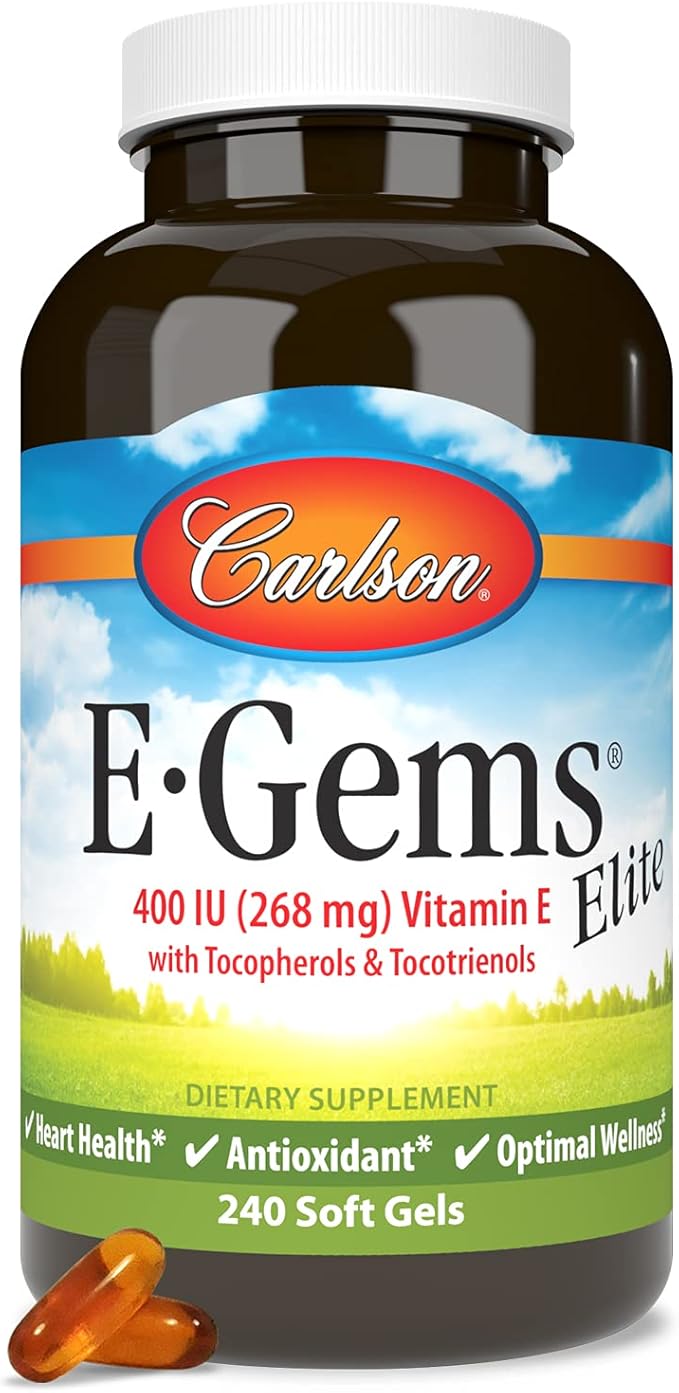 Carlson - E-Gems Elite, 400 IU Vitamin E with Tocopherols & Tocotrienols, Vitamin E Capsules, Heart Health & Optimal Wellness, Antioxidant, Vitamin E Supplement, 240 Softgels