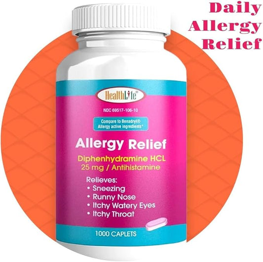 HEALTH LFE Allergy Relief, Medicine Diphenhydramine HCl Caplets, 25 mg | Children and Adults | Relieves Sneezing, Runny Nose, Hay Fever Symptoms, Itchy Eyes and Throat (Large,1000 Count)