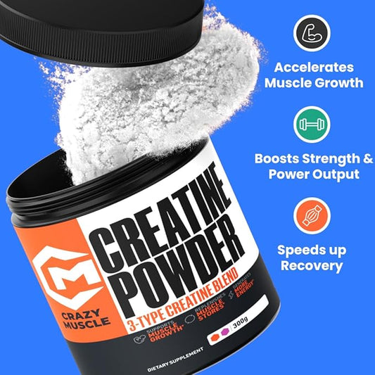 Crazy Muscle Creatine Monohydrate Powder, 5000mg Premium 3X ThreeAtine Pre Workout Mass Gainer, High Absorption Easy to Take Powder Optimum Performance for Men & Women, 60 Servings