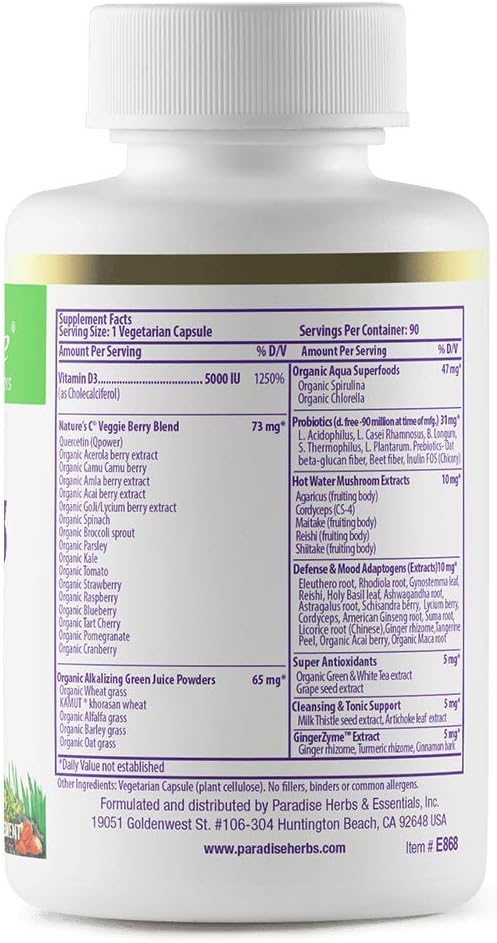 Paradise Herbs Earth's Blend Vitamin D3, Superfoods Base of Probiotics and Organic Alkalizing Greens, Veggies & Berries, 90 Vegetarian Capsules