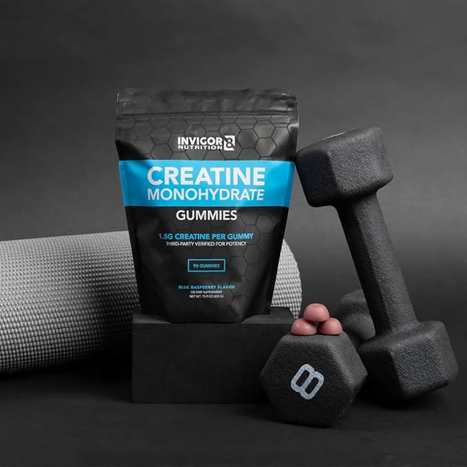 INVIGOR8 Creatine Gummies, Non GMO Creatine Monohydrate for Men and Best Creatine for Women, 4.5 Grams of Creatine Per Serving 90 Gummies, Halal Gluten Free Vegan, Low Sugar, Blue Raspberry