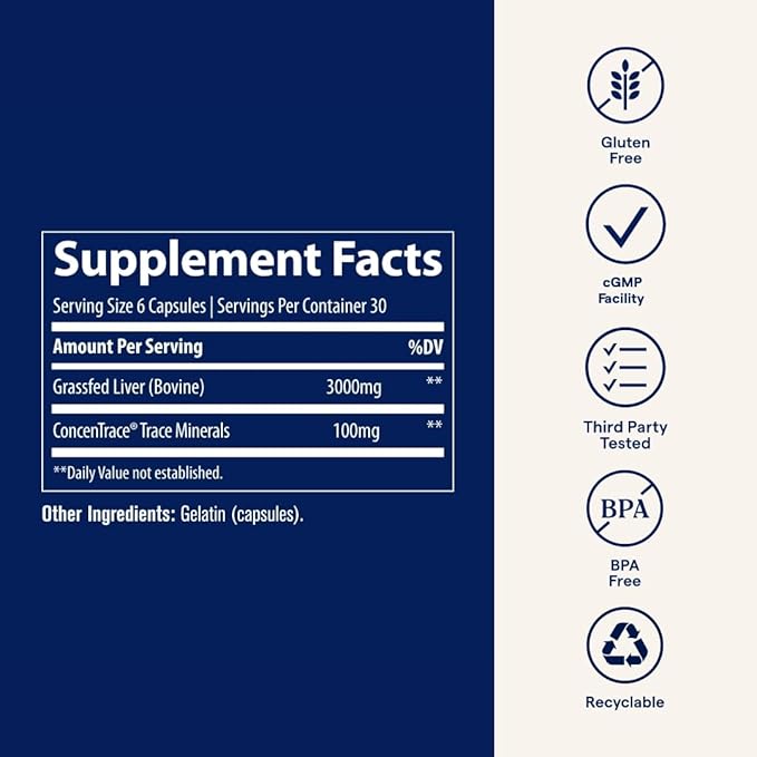 Trace Minerals Beef Liver, 500mg - Bone Health & Energy Support Supplement - Nutritional Supplement Aids Healthy Skin & Immunity - Beef Liver Supports Healthy Organs - 180 Capsules (30 Servings)