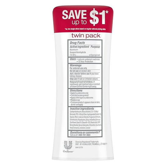 Dove Advanced Care Antiperspirant Deodorant for Women Twin Pack Revive 72 hour sweat and odor protection 2.6 oz (Packaging May Vary)