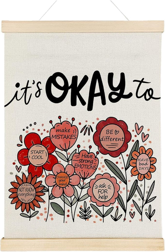 Nrleey It’s Okay to Inspirational Wall Decor with Wooden Poster Hanger - Therapy Office Decor, Boho Floral Mental Health Wall Art Posters for Counseling Therapist Office, 12x16 Inch