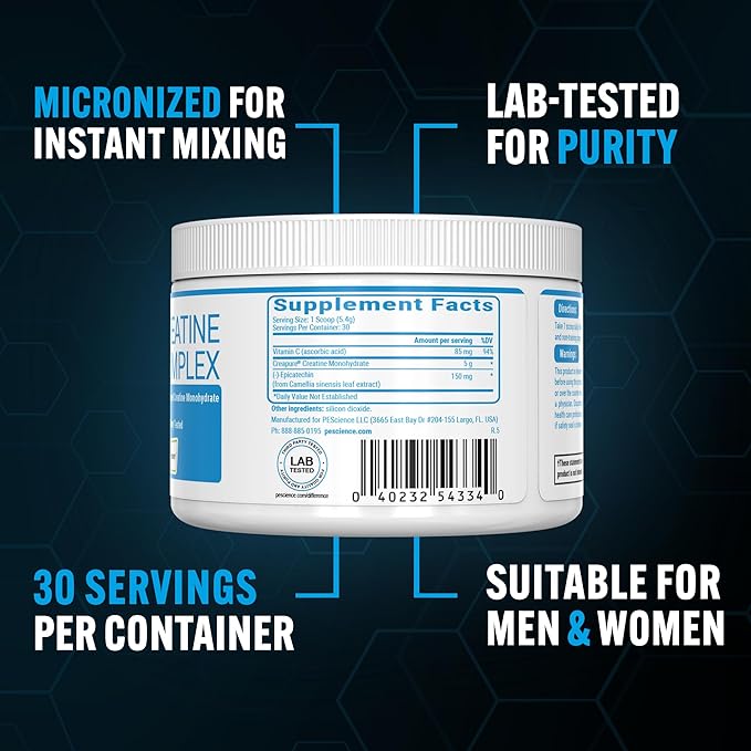 PEScience TruCreatine+ Creatine Monohydrate Powder, Micronized Creapure Creatine for Women & Men, Supports Muscle Growth, Strength & Recovery, Cognition, 30 Servings, Unflavored