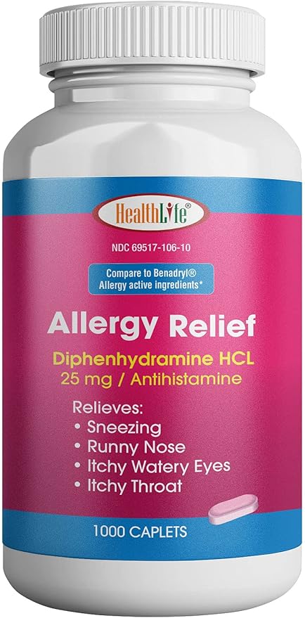 HEALTH LFE Allergy Relief, Medicine Diphenhydramine HCl Caplets, 25 mg | Children and Adults | Relieves Sneezing, Runny Nose, Hay Fever Symptoms, Itchy Eyes and Throat (Large,1000 Count)