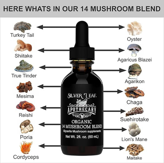 Organic Mushroom Supplement Tincture Extract of Reishi, Chaga, Cordyceps, Lions Mane, and More for Immune Support, Blend of 14 Triple-Extracted Mushrooms for Memory Focus & Vitality - 2 Fl Oz