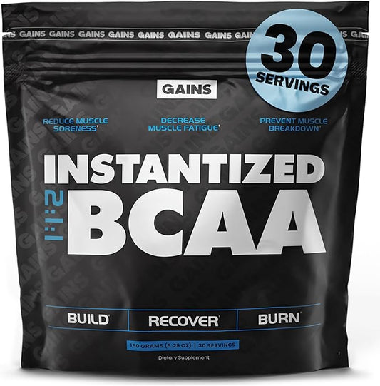 Gains in Bulk BCAA Powder, Pre Workout Plant Based Branch Chain Amino Acids, Gluten Free, Vegan Supplement with Keratin for Endurance & Strength During & Post Workout, Unflavored, 30 Servings