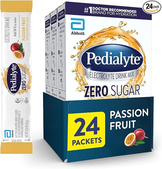 Pedialyte Electrolyte Drink Mix with Zero Sugar | Hydration with Key Electrolytes | Great Hydration Low in Calories | Passion Fruit, 24 Powder Packets